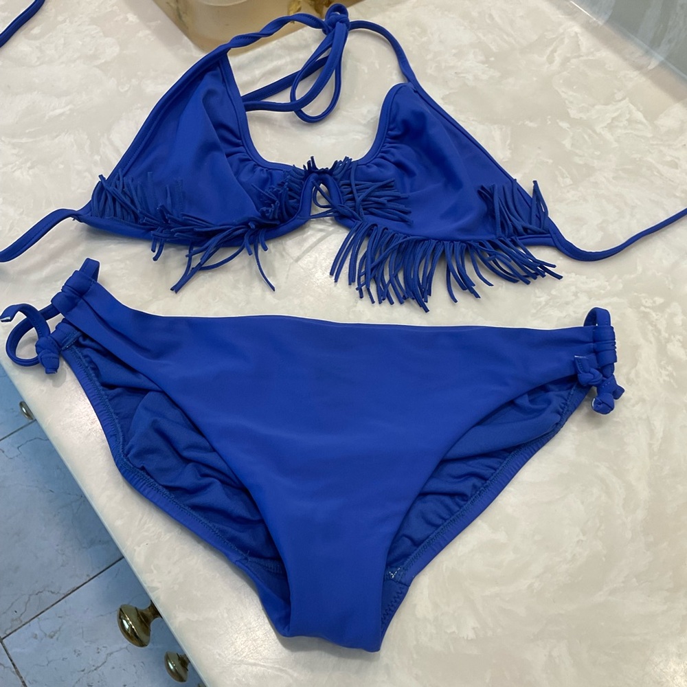 Body Glove Bikini, Fringed Triangle Top with Back & Side Ties, Cobalt Blue, Sz M